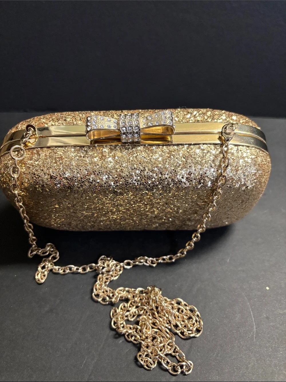 INC International Concepts Gold Glitter Bow Hardcase Clutch